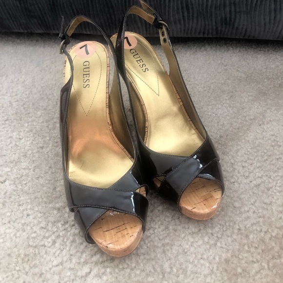 Guess Brown Patent Leather Peep Toe Slingback Heels - Picture 2 of 7